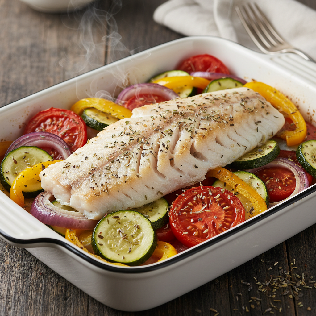 Recette de Doré au four sur un lit de légumes | Feastpedia